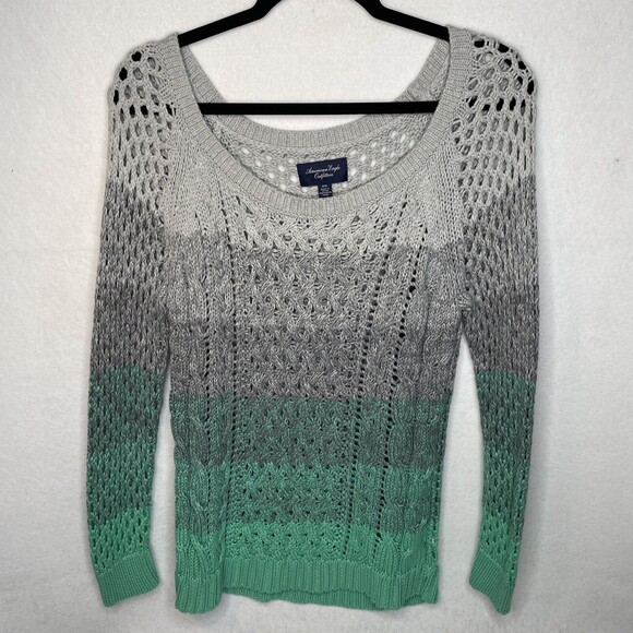 American Eagle Women Sweater Gray Green Ombre Open Cable Knit Cotton Medium - Picture 2 of 9
